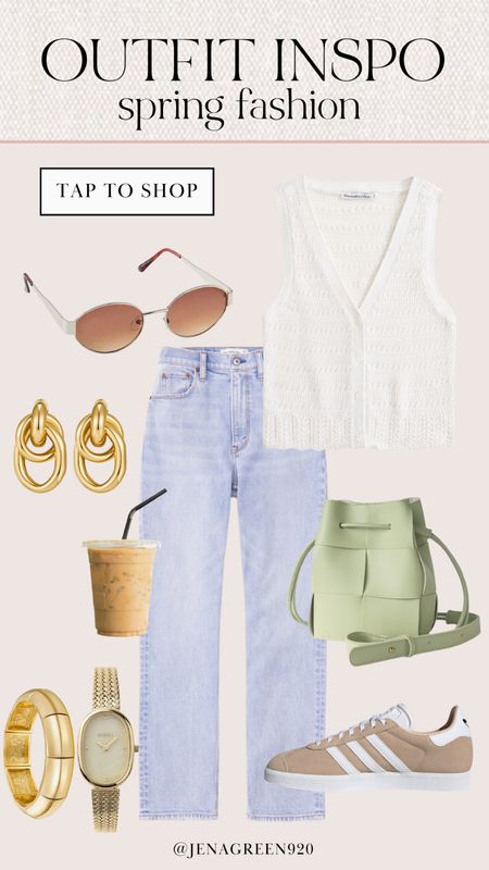 Spring Outfit Inspo | Crochet Tank Top | Straight Leg Jeans | Bucket Bag | Adidas Sneakers | Brunch Outfit 

#LTKfindsunder100 #LTKstyletip #LTKsalealert