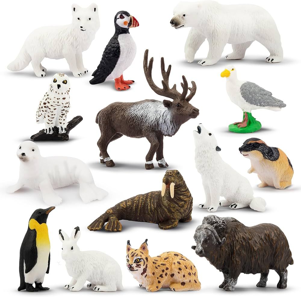Toymany 14-Piece Arctic Animal Set - Polar Bear, Caribou, Penguin, Walrus, Wolf Figurines - Cake ... | Amazon (US)