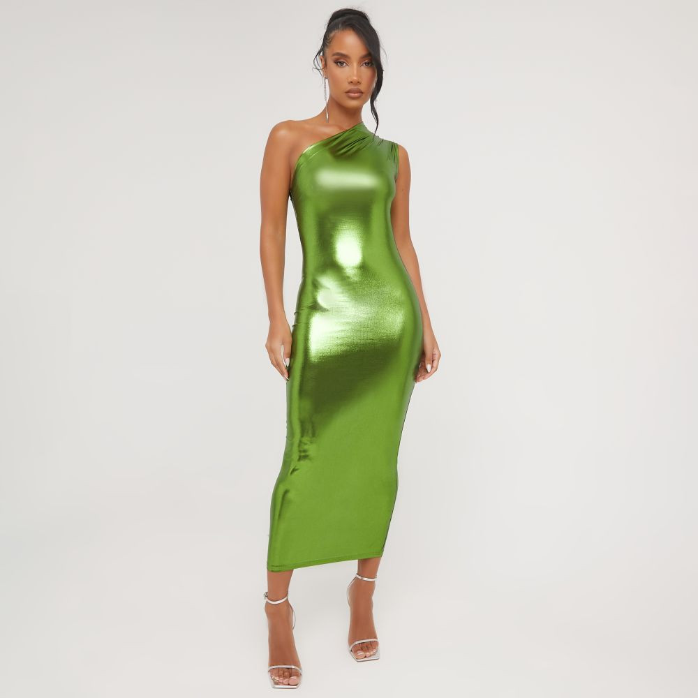 One Shoulder Midi Bodycon Dress In Green Metallic | EGO Shoes (US & Canada)