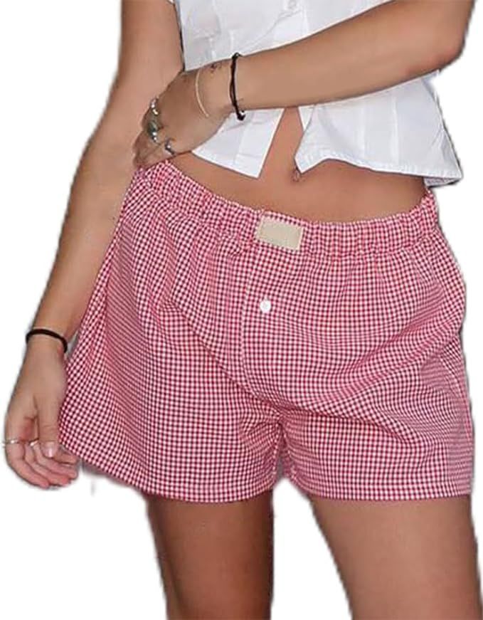 Women Pajama Shorts Buffalo Plaid Lounge Pajamas Y2k Pj Boxer Shorts Mini Gingham Print Short Pan... | Amazon (US)