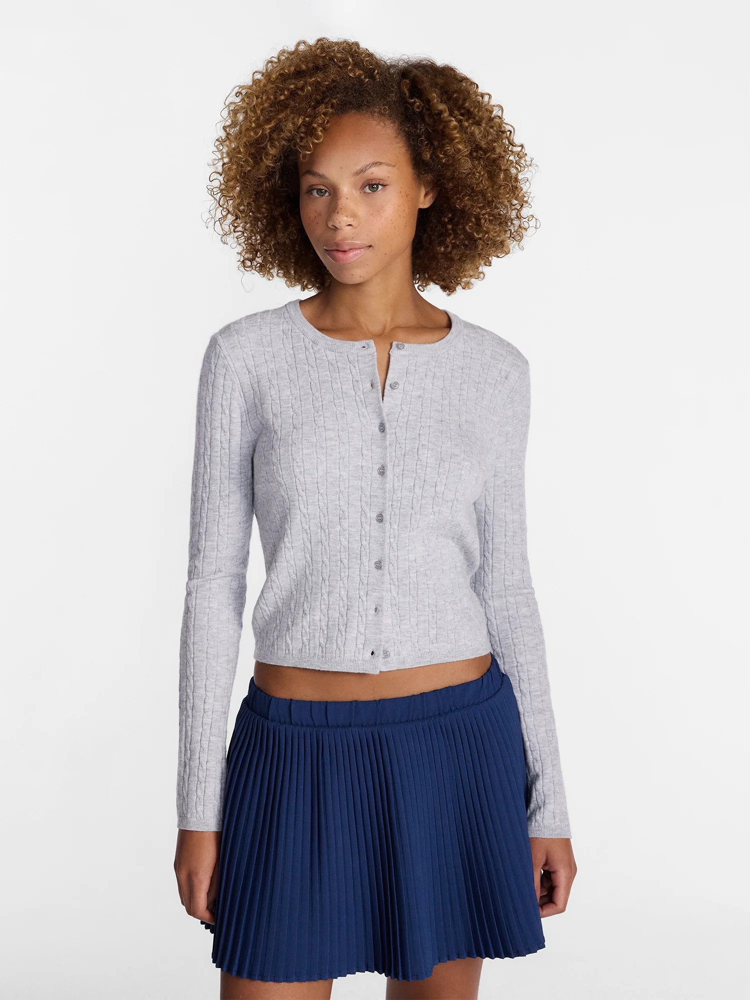 No Boundaries Cable Knit Crewneck Cardigan, Women's XXS-4X | Walmart (US)
