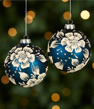 Southern Living Blue Christmas Collection Hand Painted Floral Glass Ball Ornament, Set of 2 | Dil... | Dillard's