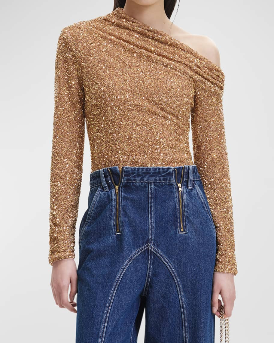 Self-Portrait Gold Sequin Asymmetric Long-Sleeve Top | Neiman Marcus