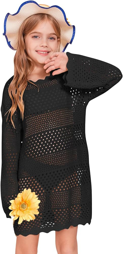 Amazon.com: Batermoon Girls Crochet Long Sleeve Swimsuit Cover Up Kids Fashion Hollow Out Swimwea... | Amazon (US)