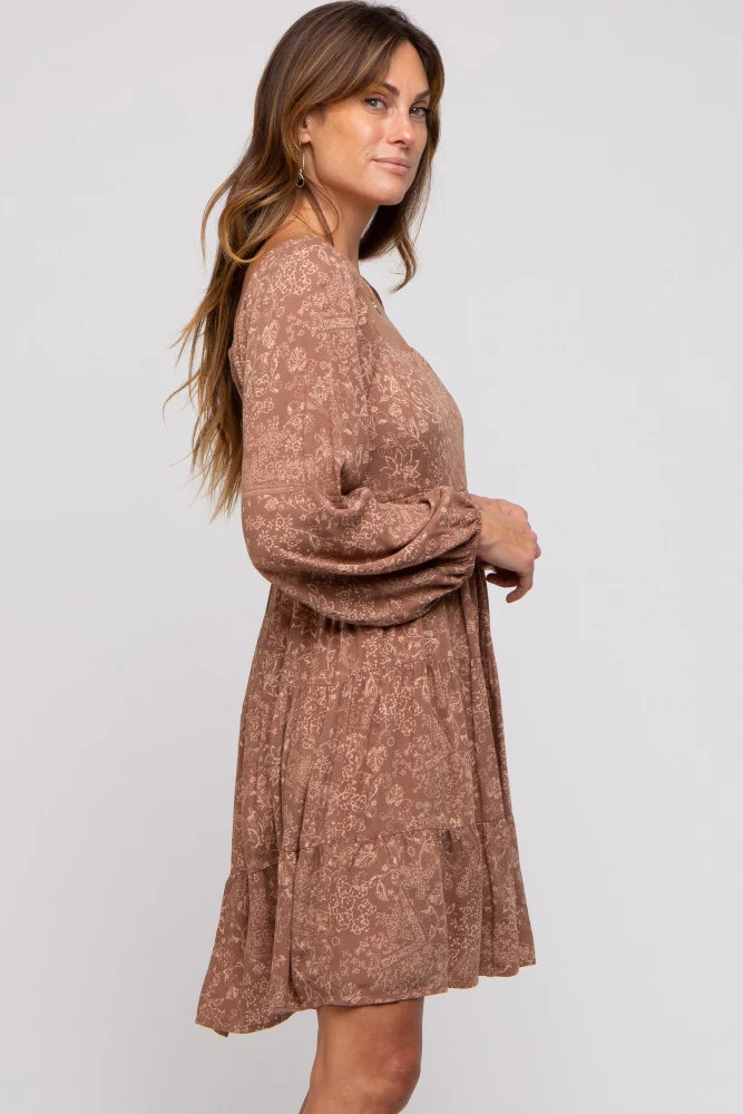 Mocha Floral Tier Long Sleeve Dress | PinkBlush Maternity