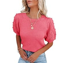 Nulibenna Womens Puff Short Sleeve Sweater Tops Spring Casual Loose Knit Blouses Crew Neck Soft Ligh | Amazon (US)