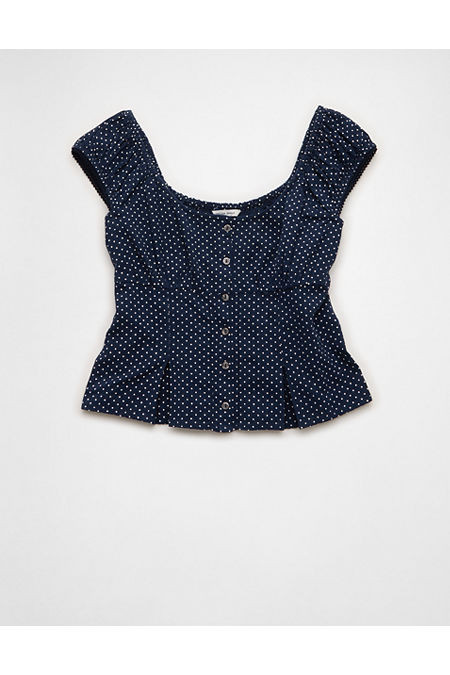 AE Cap-Sleeve Button-Up Top Women's Navy S | American Eagle Outfitters (US & CA)