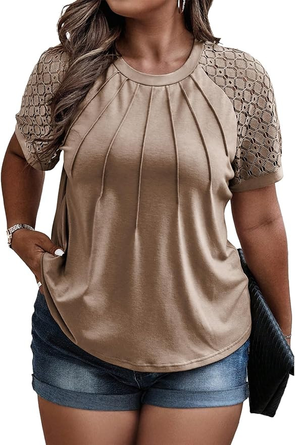 Eytino Plus Size Tops for Women Summer Lace Short Sleeve Crewneck Loose Casual Blouse Tunic T Shi... | Amazon (US)