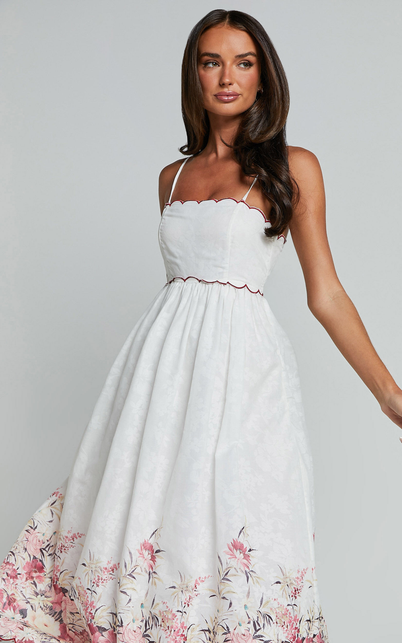 Abellina Midi Dress - Spaghetti Strap Sundress With Contrasting Wave Stitching in White | Showpo (US, UK & Europe)