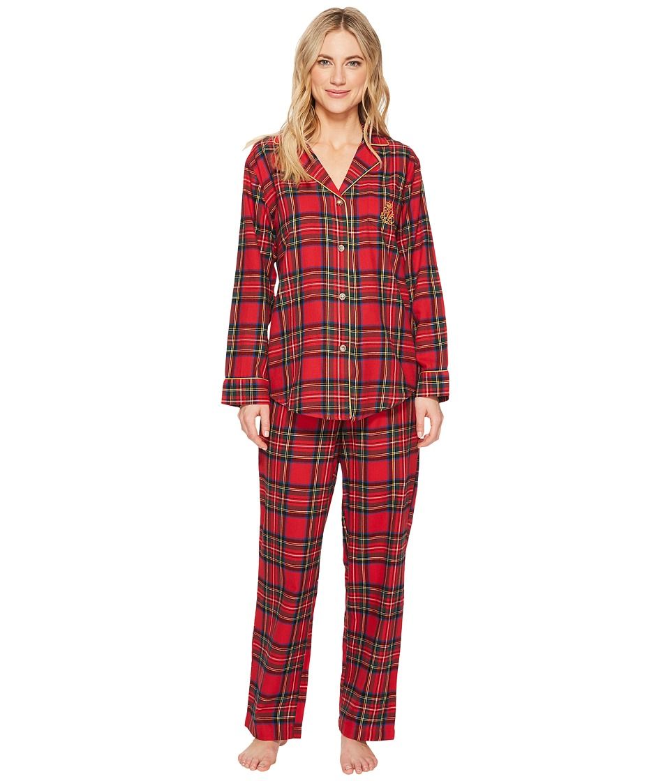 LAUREN Ralph Lauren - Folded Brushed Twill Notch Collar Pajama (Red Plaid) Women's Pajama Sets | Zappos