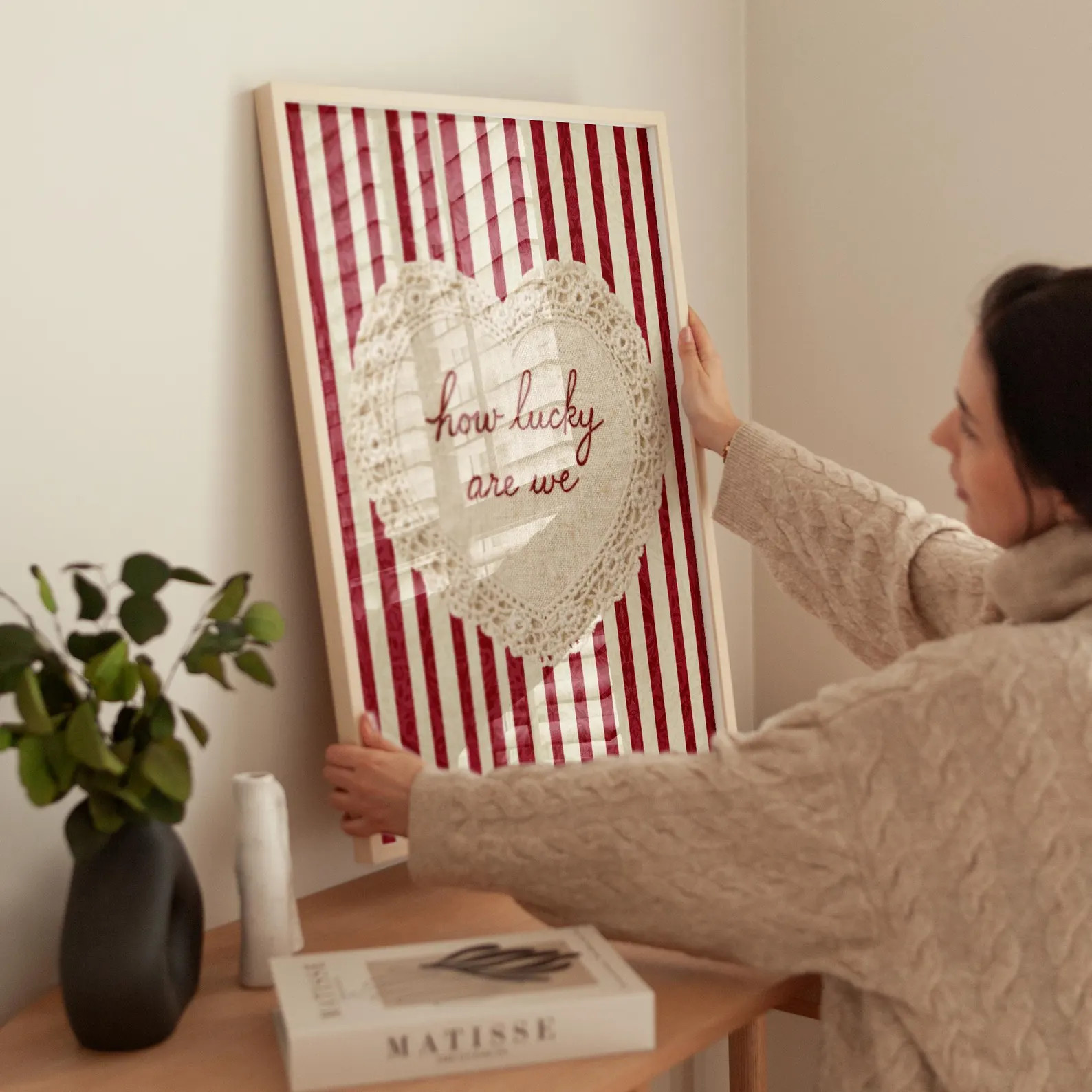 How Lucky Are We Wall Art, Vintage Valentine Lace Heart Print, Romantic Coquette Decor, Red Strip... | Etsy (US)