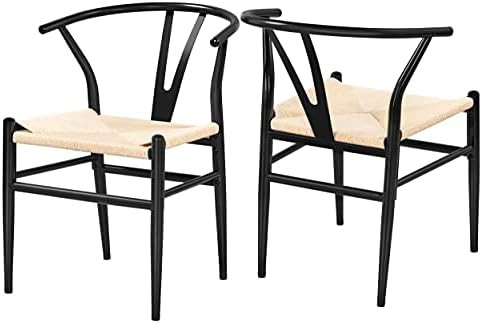 Yaheetech Set of 2 Weave Arm Chair Mid-Century Metal Dining Chair Y-Shaped Backrest Hemp Seat, Black | Amazon (US)