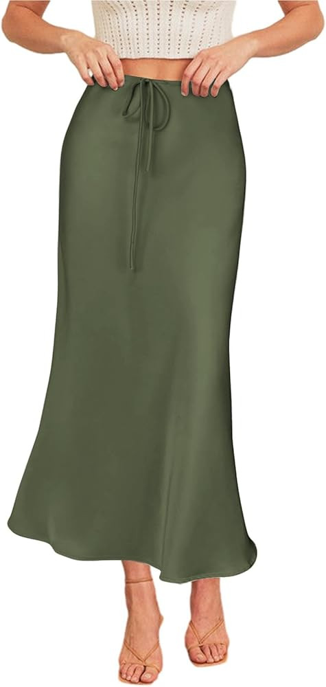 Women's Drawstring Satin Maxi Skirt High Waist Silk A Line Flowy Long Skirts | Amazon (US)