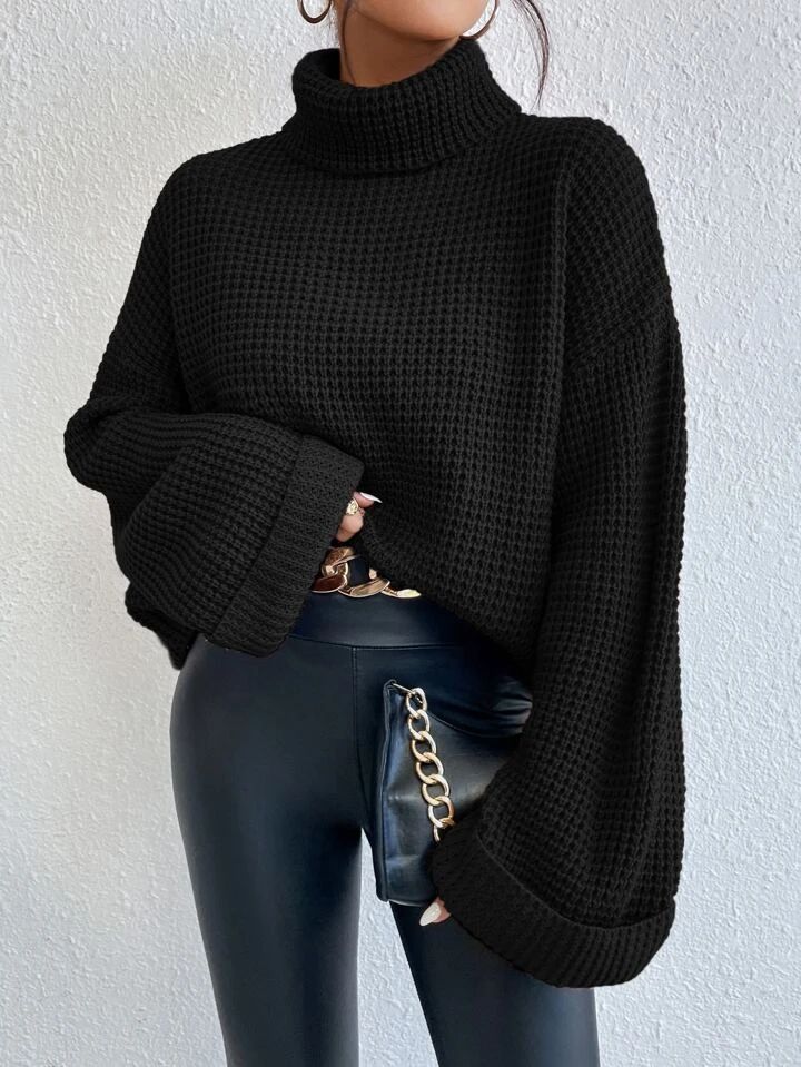 SHEIN Essnce Turtleneck Drop Shoulder Waffle Knit Sweater | SHEIN