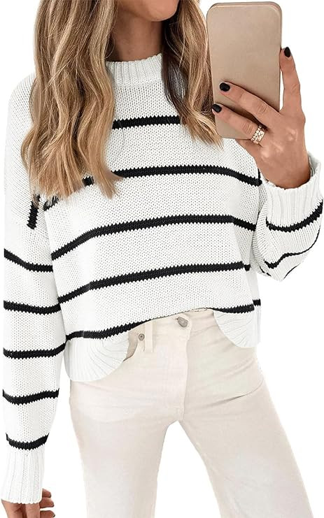 LILLUSORY Womens Cropped Striped Sweater Casual Pullover Ribbed Knit Cute Crewneck Sweaters | Amazon (US)