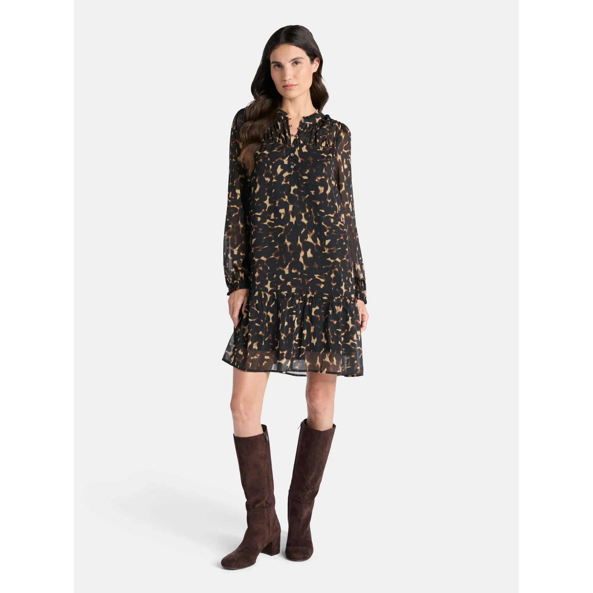 Time and Tru Women's Pintuck Yoke Dress with Long Sleeves, Sizes XS-XXXL | Walmart (US)