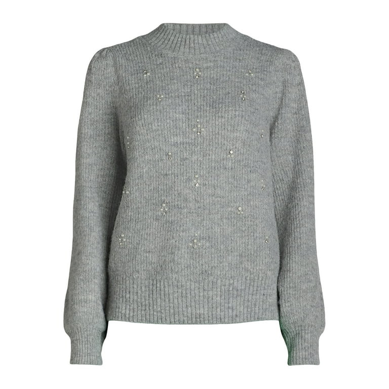 Free Assembly Women’s Beaded Sweater with Puff Sleeves, Midweight, Sizes XS-XXXL | Walmart (US)