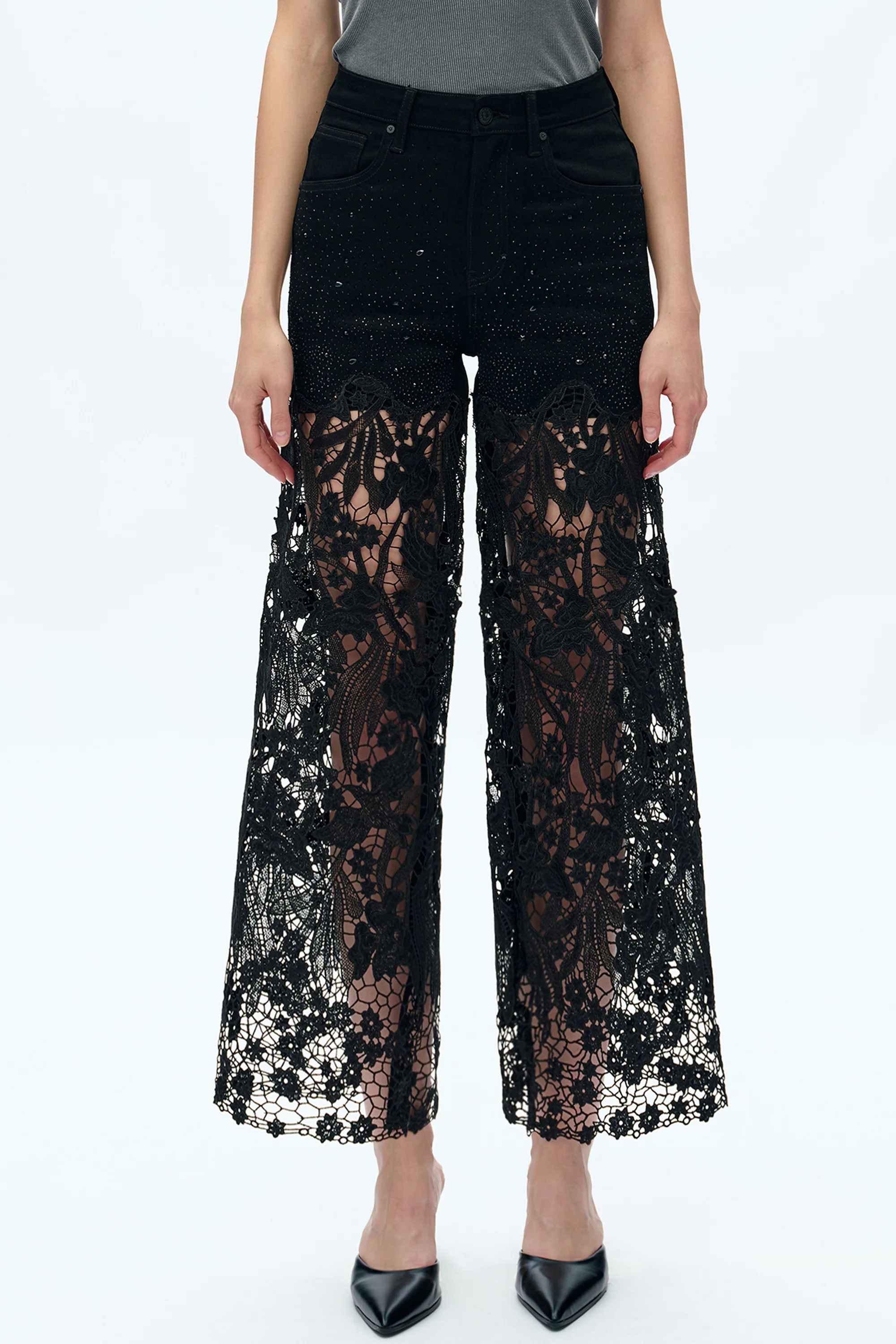 Buy Bayeas Lace Jeans – Embroidered Wide Leg Denim With Rhinestone | Bayeas