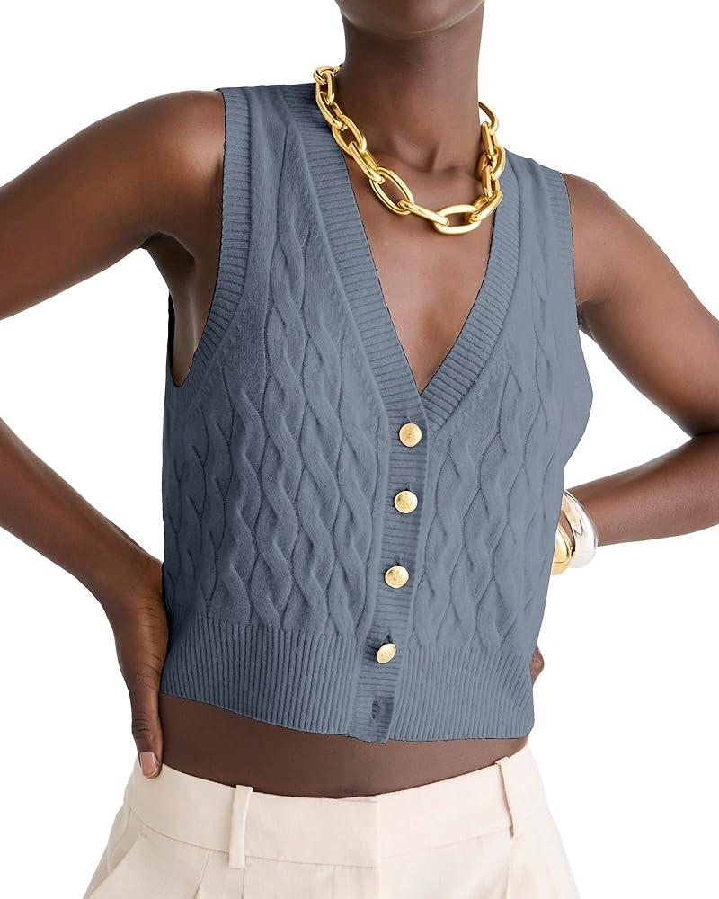 Locachy Women's V Neck Sleeveless Cable Knit Sweater Vest Soft 2024 Summer Button Front Cardigan ... | Amazon (US)