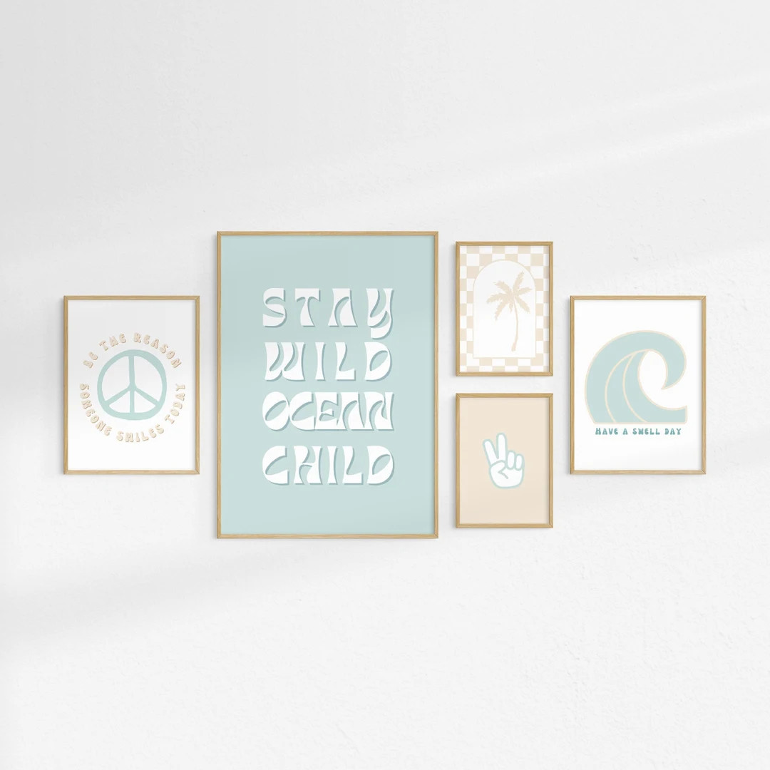 Set of 5 Retro Surf Nursery Prints, Neutral Boho Baby Beach Decor, Peace Sign, Beachy Toddler & K... | Etsy (US)