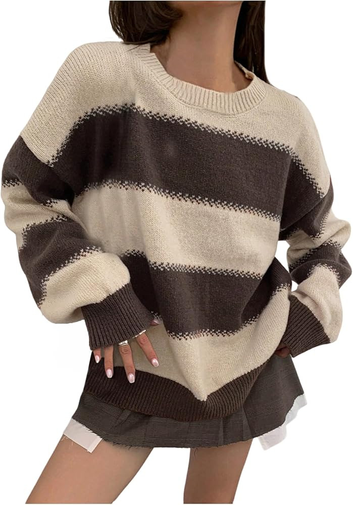 SweatyRocks Women's Striped Sweater Vintage Color Block Chunky Cozy Sweaters Winter Clothing | Amazon (US)