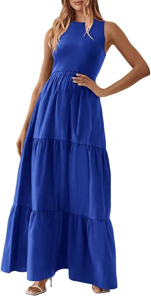 BTFBM Women Sleeveless Summer Dresses Wedding Guest Maxi Dresses Ribbed Knit Tops and Polyester S... | Amazon (US)