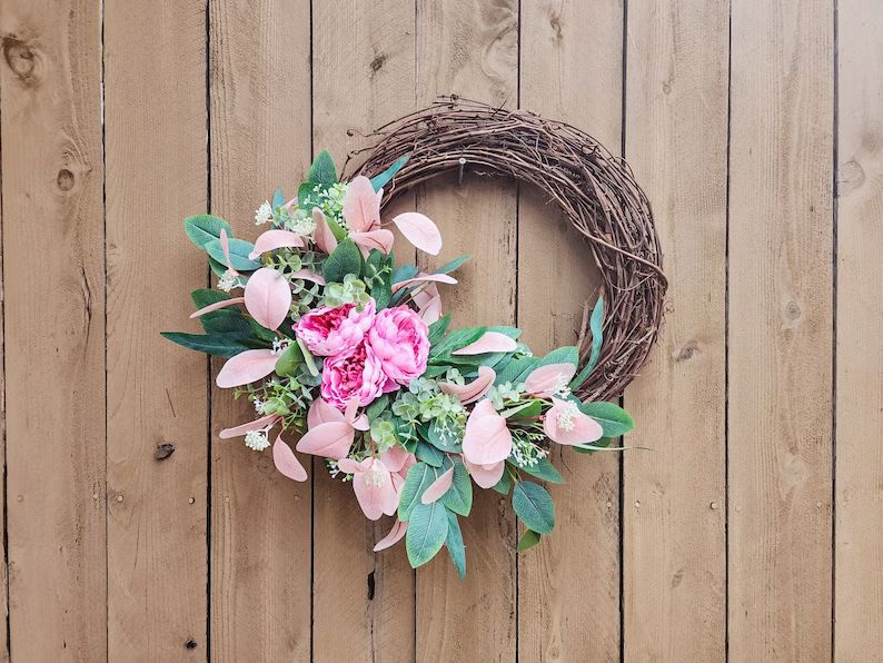 Pink Peony Wreath, Spring Peony Wreath, Pink Modern Wreath, Eucalyptus Wreath, Pink Spring Wreath... | Etsy (US)
