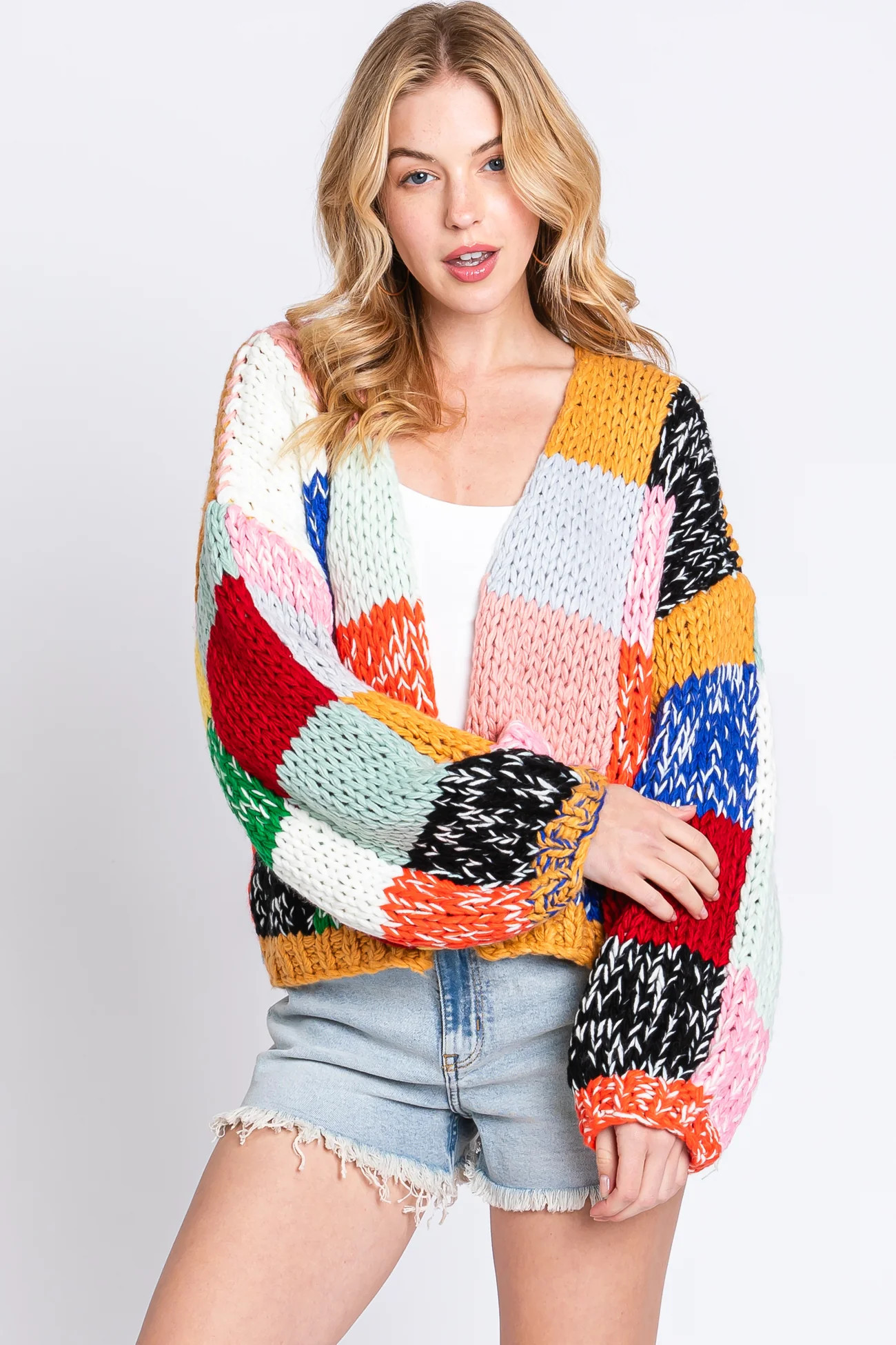 Multicolor Color Block Checkered Thick Knit Cardigan | PinkBlush Maternity