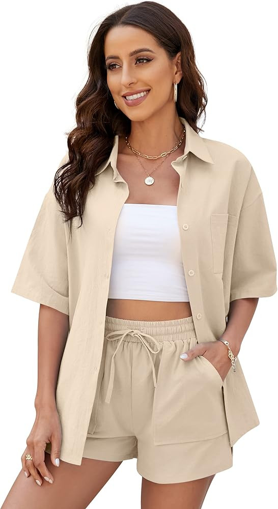 Women's 2 Piece Outfit Summer Cotton Linen Sets Short Sleeve Button Down Shirt Drawstring Shorts | Amazon (US)