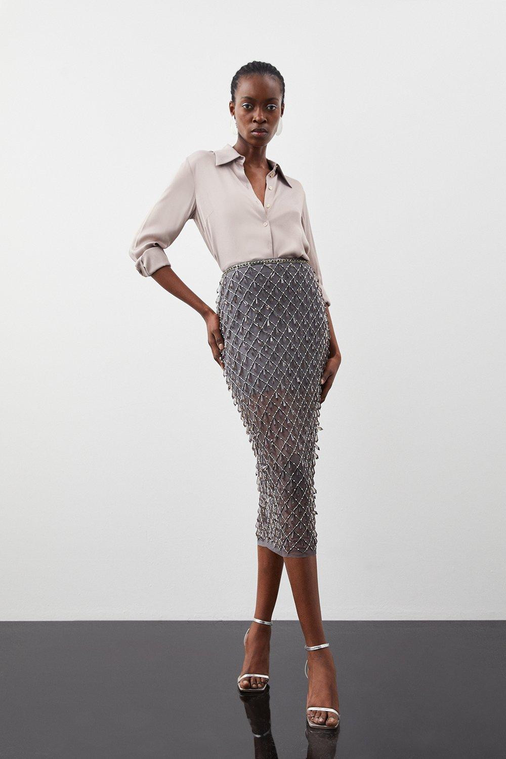 Crystal And Diamante Midaxi Skirt | Karen Millen UK + IE + DE + NL