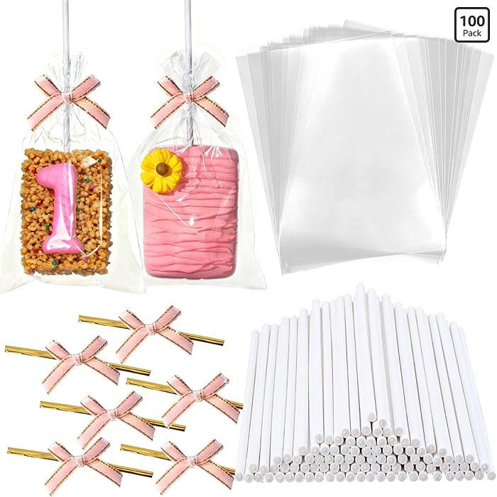 100PCS Rice Crispy Treat Bags 4x6in with Sticks and Ties Bow, Clear Cellophane for Rice Krispies ... | Amazon (US)