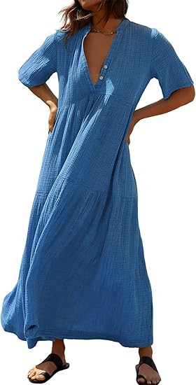 R.Vivimos Womens Summer Cotton Flowy Maxi Dress Short Sleeve V Neck Empire Waist Boho Tiered Ruff... | Amazon (US)