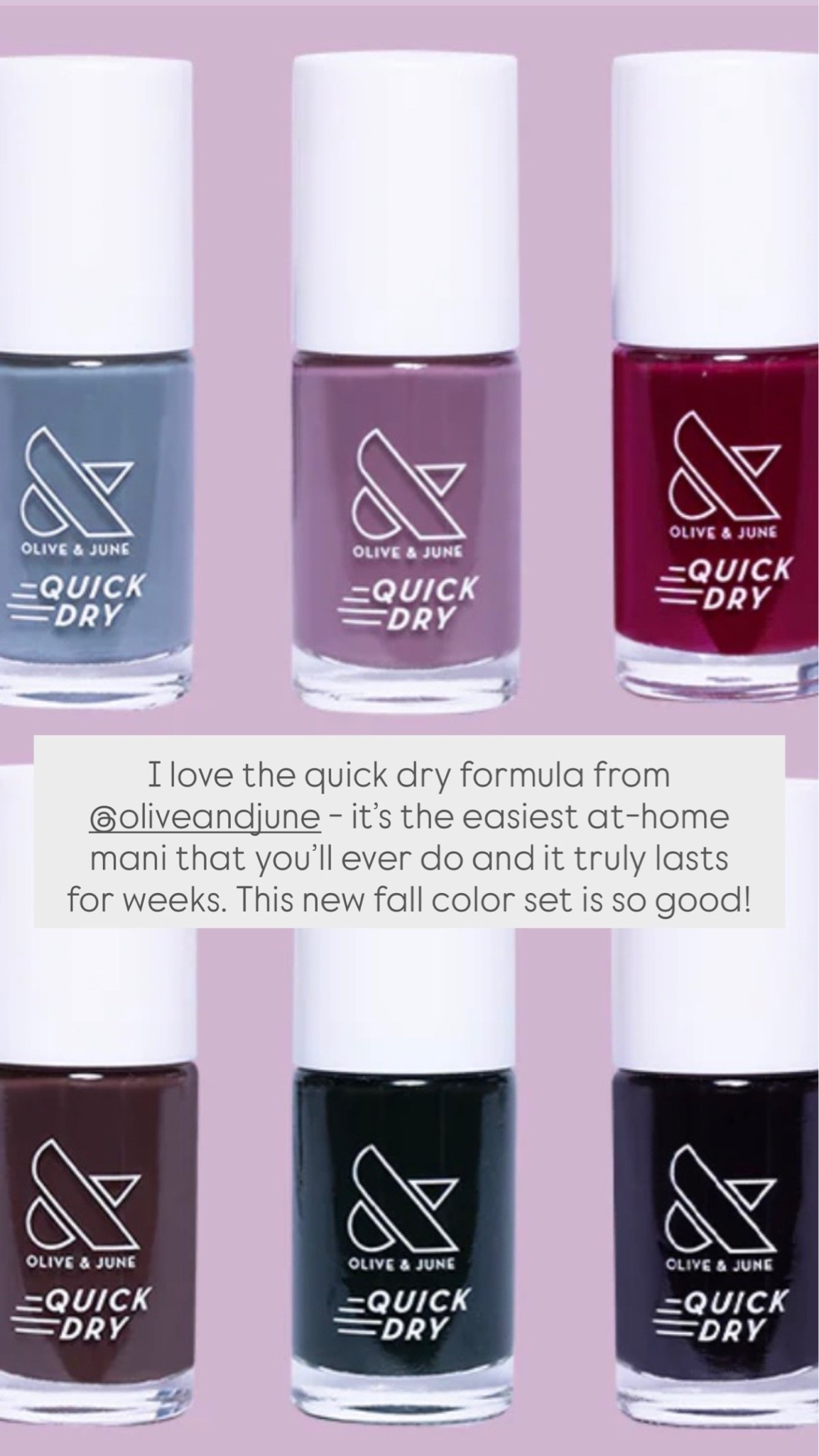I love the quick dry formula from @oliveandjune - it’s the easiest at-home mani that you’ll ever do and it truly lasts for weeks. This new fall color set is so good!

#LTKselfcare #LTKmorningroutine #LTKBeauty