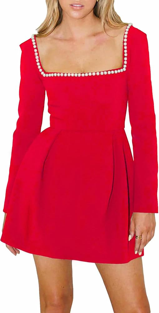 Women's Long Sleeve Mini Dress Pearl Square Neck Ruffle Hem Short Dress Bride Party Club Elegant ... | Amazon (US)