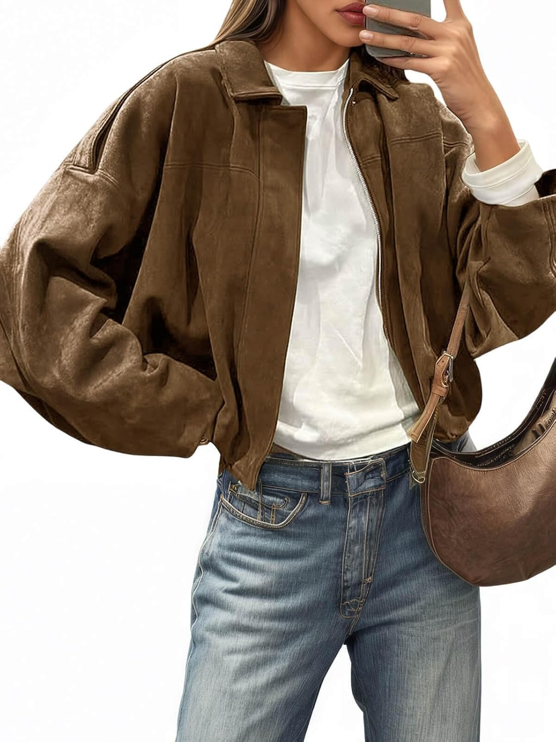 Cicy Bell Womens Faux Suede Bomber Jackets Oversized Cropped Zip Up Coats | Amazon (US)