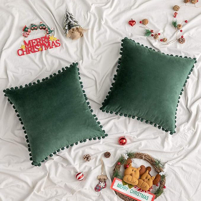 Woaboy Pack of 2 Velvet Throw Pillow Covers Pompom Decorative Christmas Pillowcases Solid Soft Cu... | Amazon (US)
