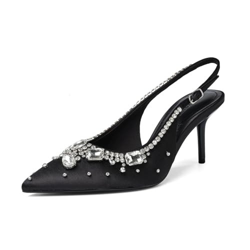 Maravosse Women's Black Rhinestone Heels, Satin Slingback Kitten Heel, 6.5 | Amazon (US)