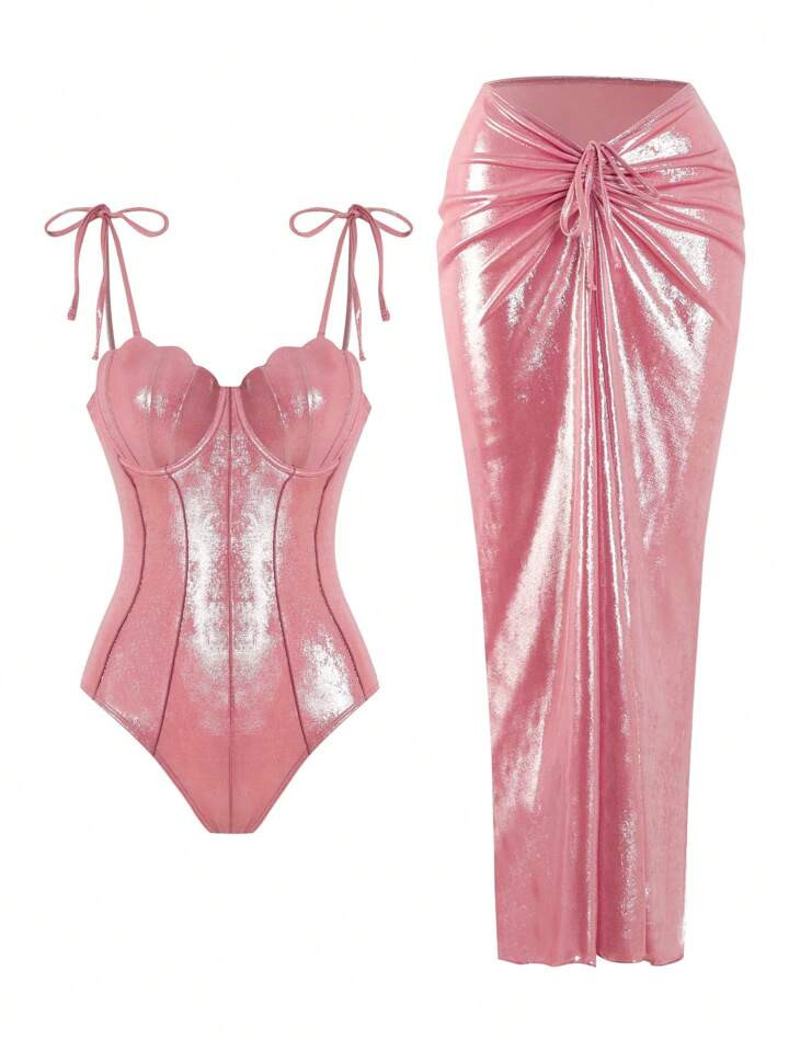 Seashell Swimsuit With Skirt Wrap Coverup | SHEIN