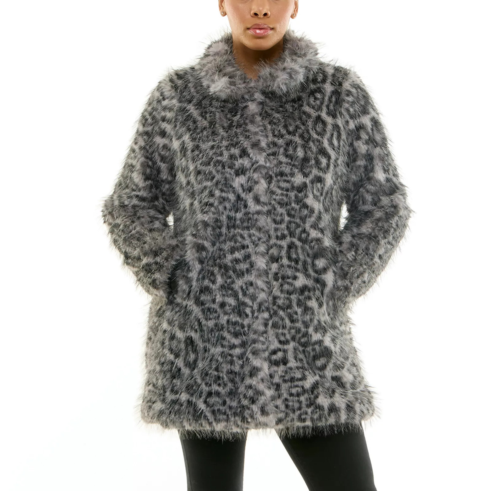 Women's Nina Leonard Horizontal Stripe Faux Fur Jacket, Size: Medium, Black Team | Kohl's