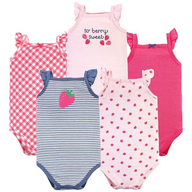 Hudson Baby Infant Girl Cotton Sleeveless Bodysuits, Pink Strawberry | Target