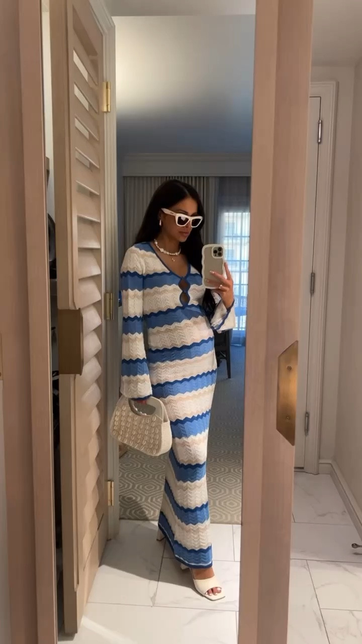 Vacation beach outfit 
Shopbop blue and white knit dress wearing an XS
Seashell bag
Seashell necklace



#LTKBump #LTKTravel #LTKFindsUnder100