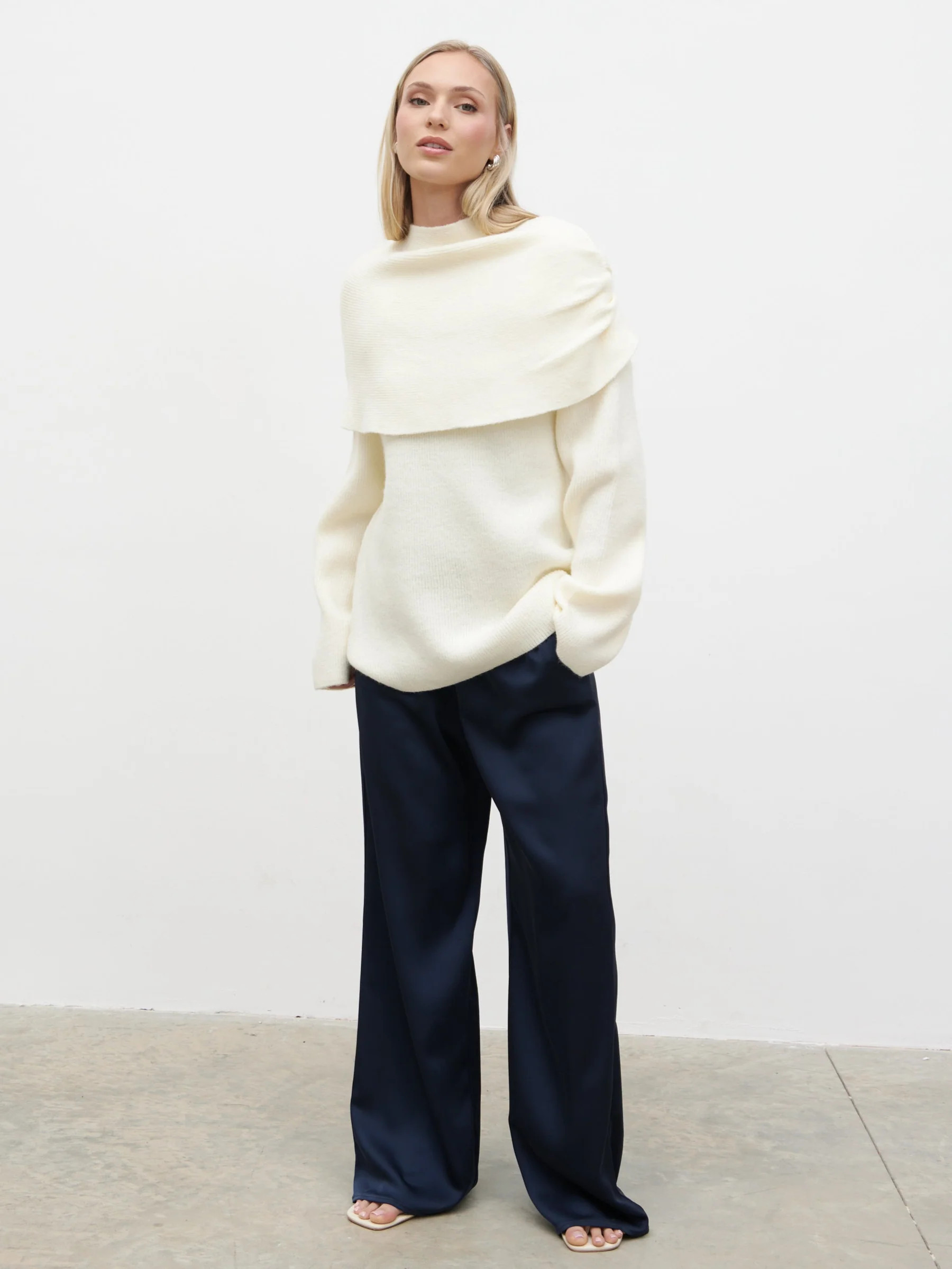Tarla Exaggerated Drape Knit Jumper - Cream | Pretty Lavish (UK)