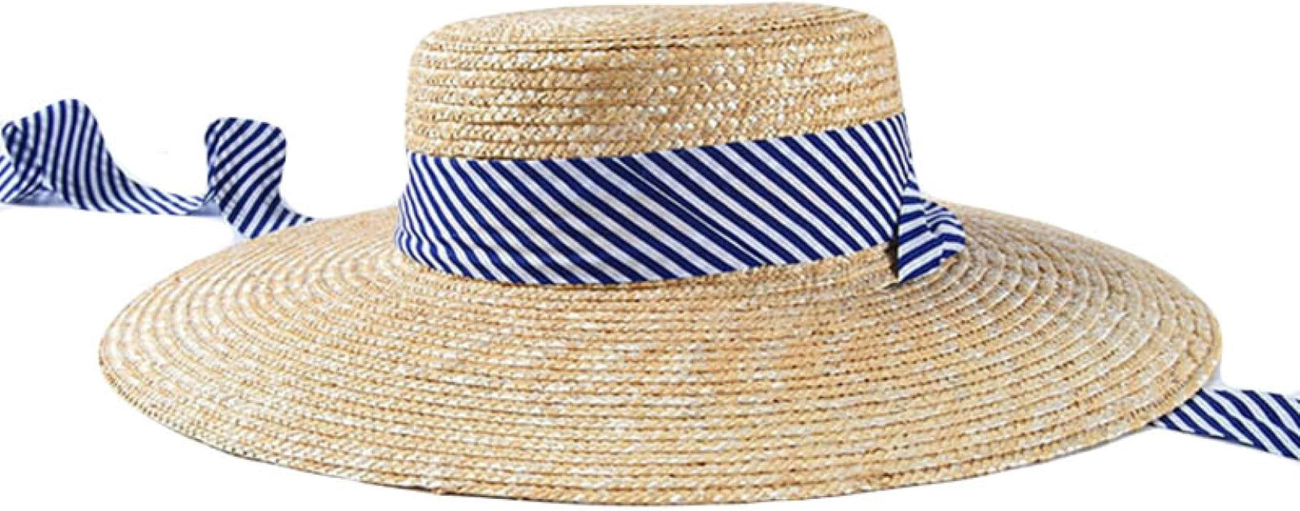 Women Wide Brim Flat Top Straw Hats Summer Beach Sun Hat with Striped Ribbon Tie Boater Hat Beach... | Amazon (US)