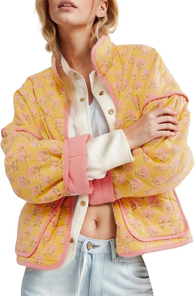 Wyeysyt Women's Cropped Quilted Jacket Floral Print Puffer Jackets Open Front Lightweight Jacket | Amazon (US)