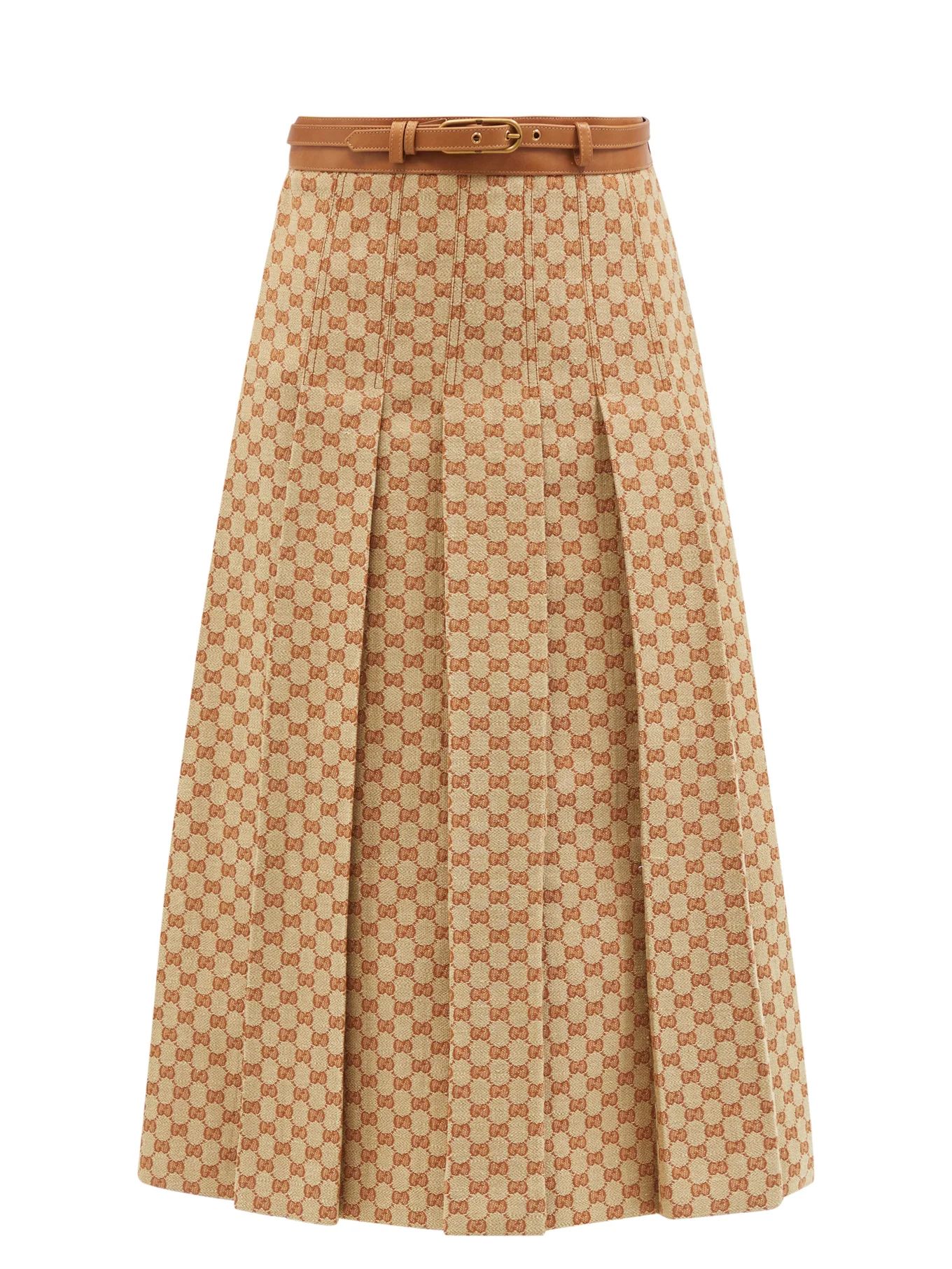 Belted pleated GG-jacquard linen skirt | Matches (UK)
