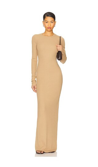 Eterne Long Sleeve Crewneck Maxi Dress in Taupe. - size M | Revolve Clothing (Global)