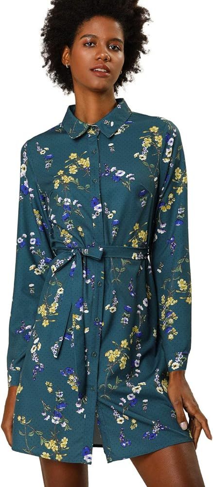 Allegra K Women's Button Down Vintage Polka Dots Dresses Collar Tie Belted Shirt Dress | Amazon (US)