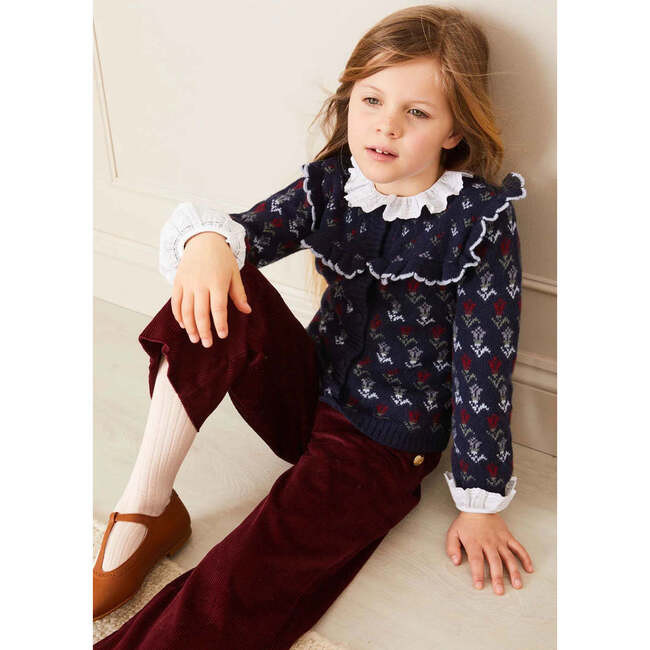 Floral Print Ruffle Bib Long Sleeve Knit Cardigan, Blue | Maisonette