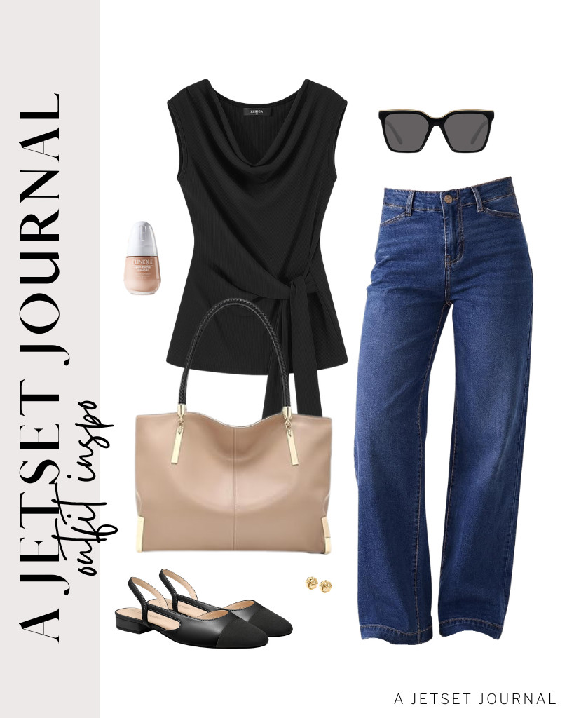 Start your last outfit with Zesica’s black cowl-neck sleeveless blouse and wide-leg jeans from GRAPENT. Complement this look with cozy slingback flats. Accessorize with a FOXLOVER tote handbag and Mosanana sunglasses.


#LTKSeasonal #LTKSaleAlert #LTKTravel

 

 