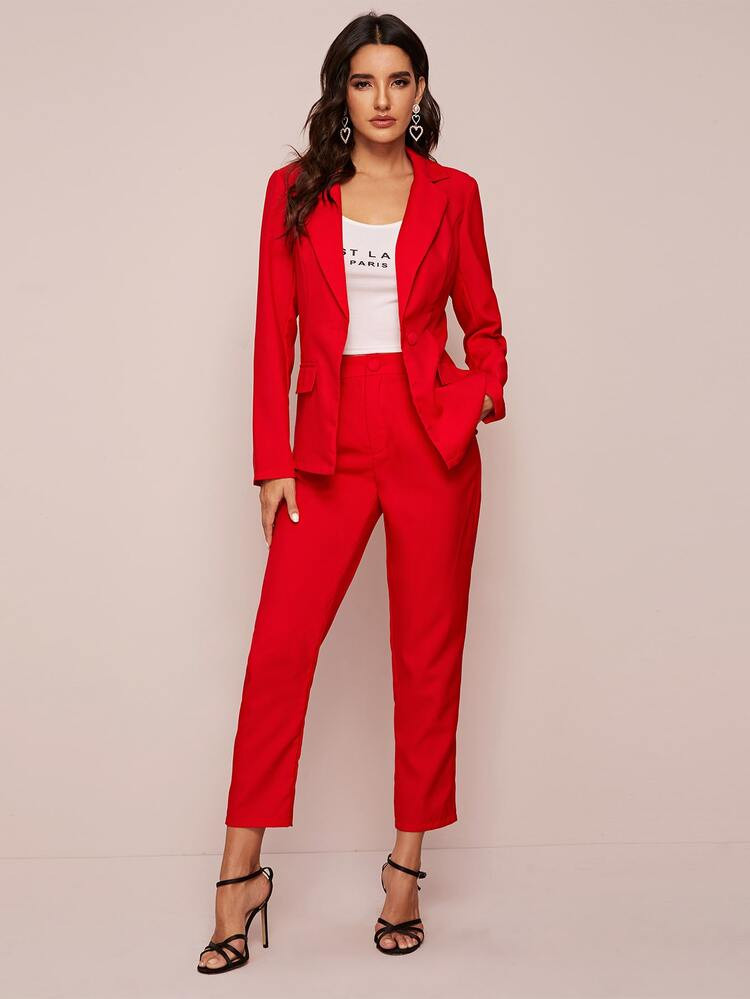 Single Button Blazer And Tailored Pants Set | SHEIN